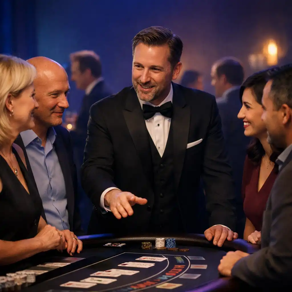 Professioneller Host erklärt Gästen bei einer Firmenfeier einen mobilen Spieltisch