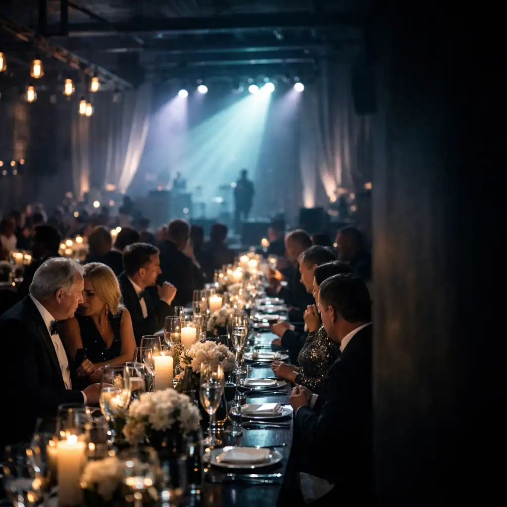 Gäste unterhalten sich an elegant gedeckten Tischen in einer lichtinszenierten Gala-Location.
