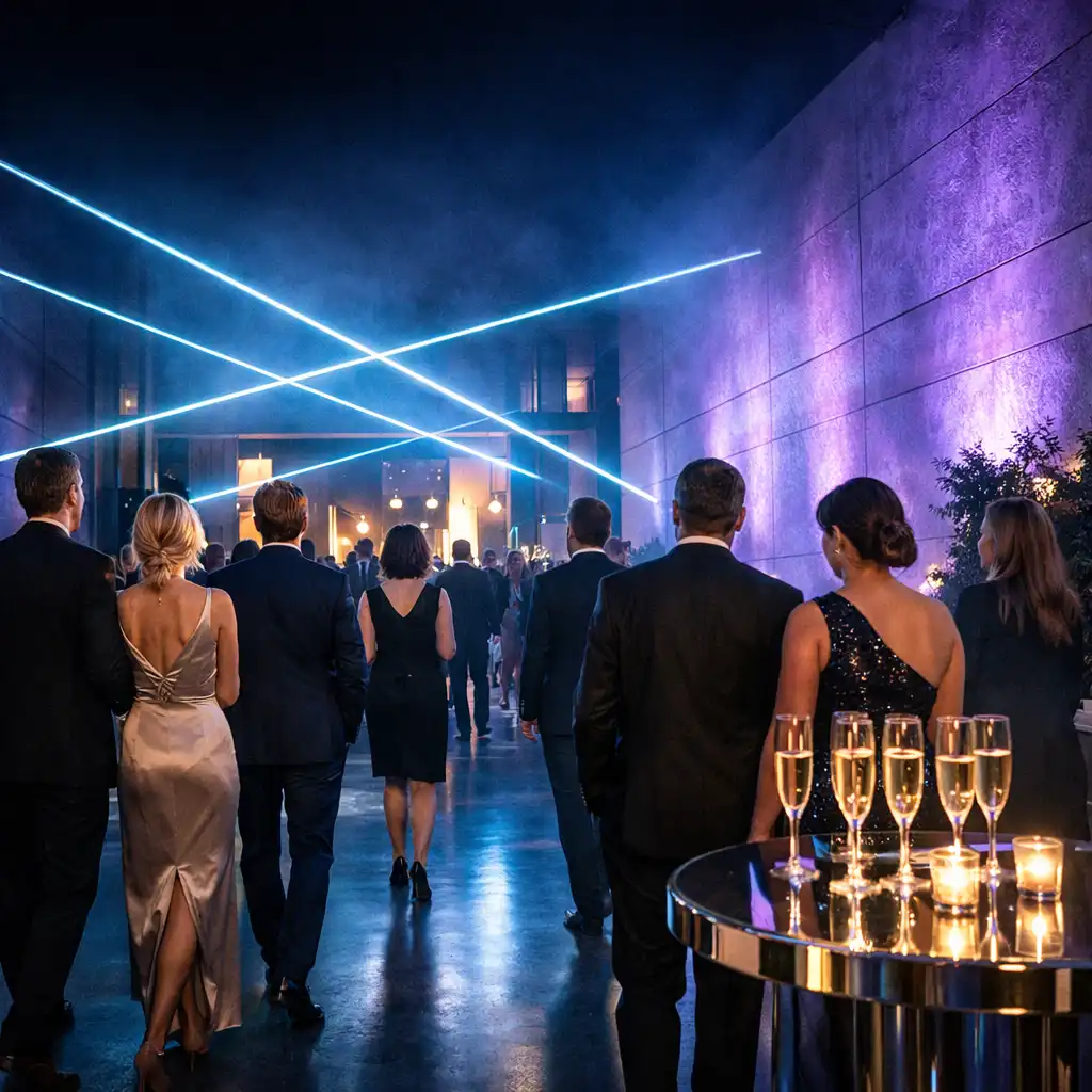 Erwachsene Gäste treffen zu einem elegant beleuchteten Galaabend ein.