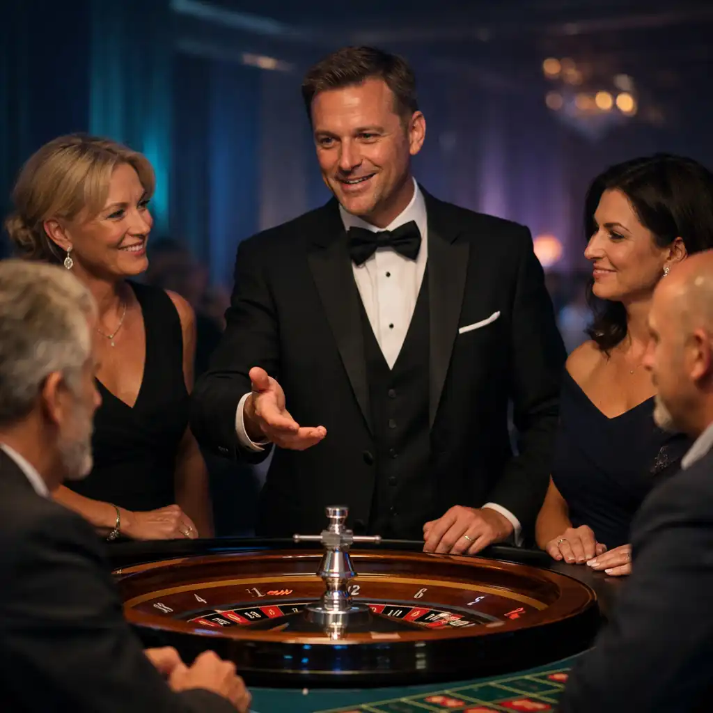 Professioneller Host begleitet Gäste an einer Roulette-Station bei einem Themenabend