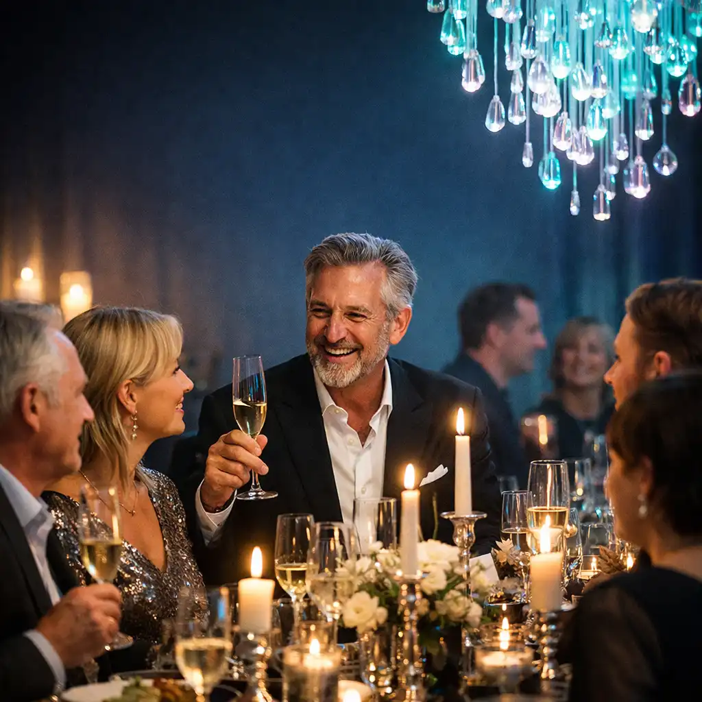 Gäste bei einer elegant beleuchteten privaten Feier