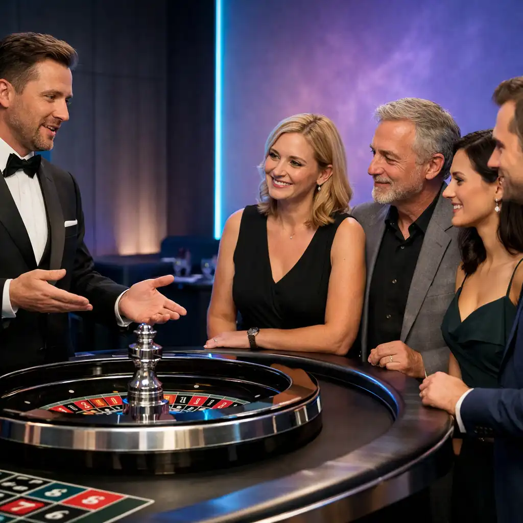 Professioneller Host begleitet erwachsene Gäste an einer eleganten mobilen Roulette-Eventstation