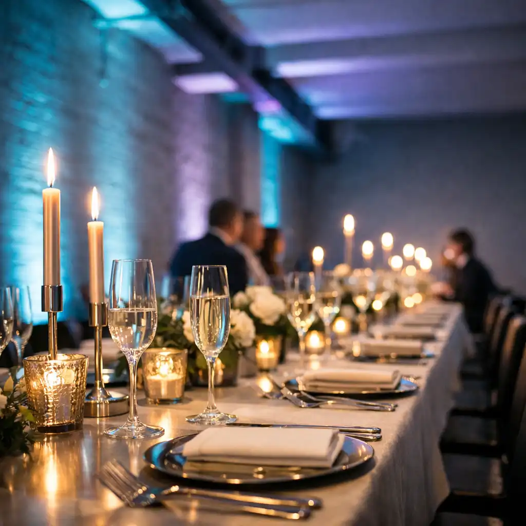 Inszenierte Dinnerfläche mit langer Tafel, Dekoration und gerichteten Lichtakzenten