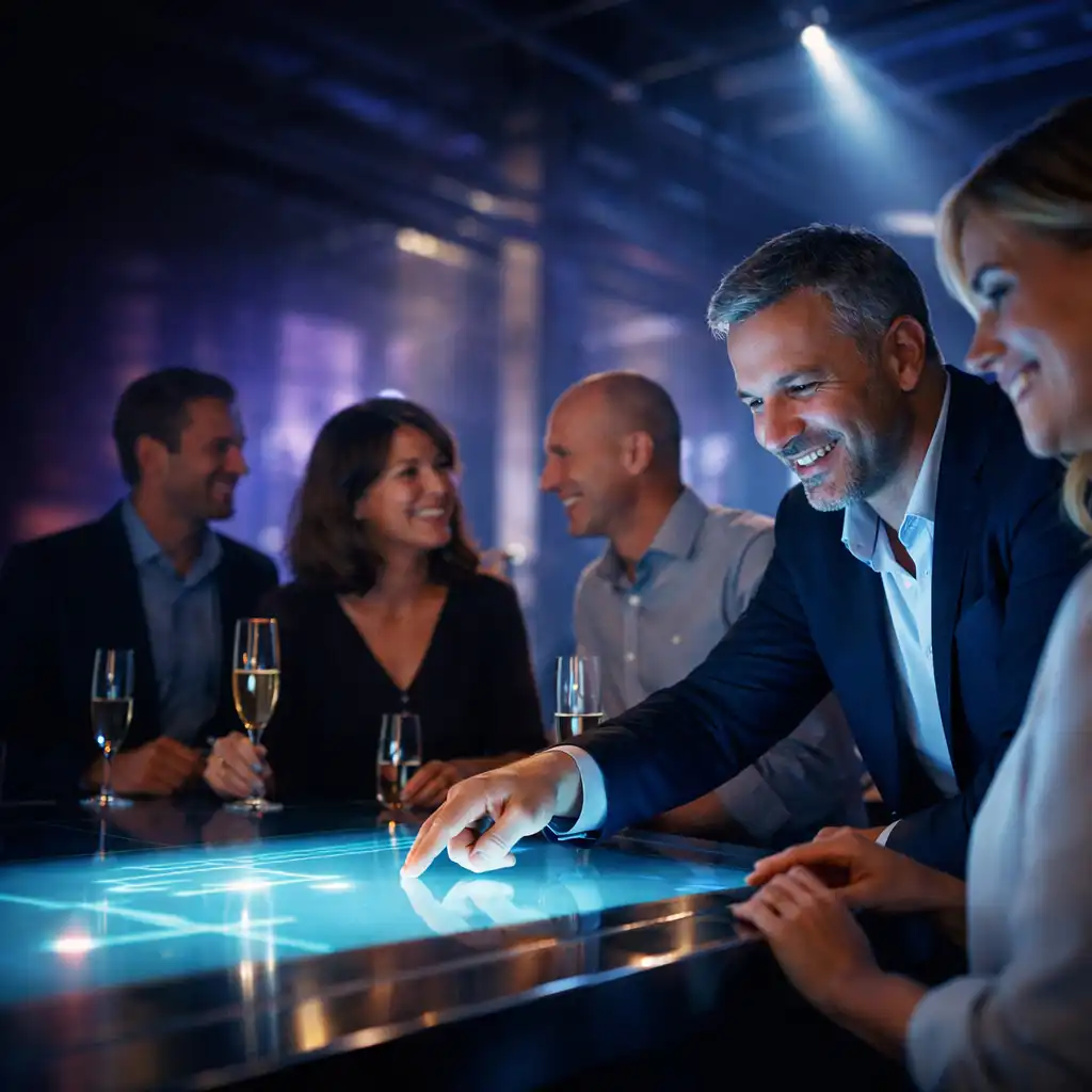 Kolleginnen und Kollegen an einer elegant beleuchteten Interaktionsstation bei einem Teambuilding-Abend