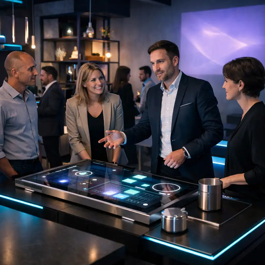 Professioneller Host begleitet Kolleginnen und Kollegen an einer Interaktionsstation in einer inszenierten Eventlocation