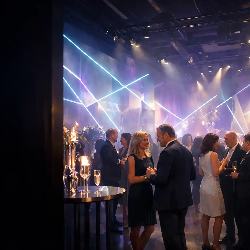 Gäste sprechen in einem fertig inszenierten Eventraum mit geometrischen Lichtprojektionen